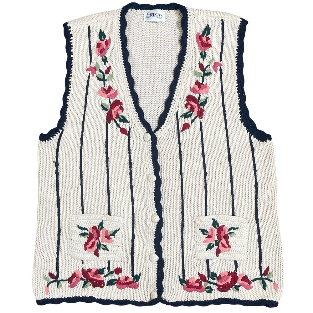 Vintage Erika Floral Embroidered Knit Vest Women XL‎ Cream Blue Cottagecore Boho